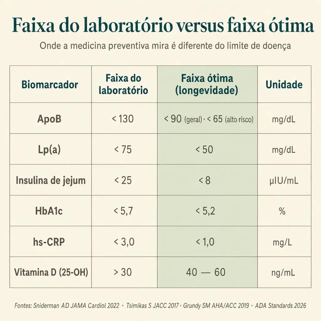 Faixas-alvo dos seis biomarcadores cardiometabólicos centrais. A faixa "do laboratório" responde "você tem doença diagnosticada?": um filtro estatístico de 95% da população. A faixa "ótima" responde "qual sua trajetória?": uma faixa fisiológica menor onde o organismo opera com folga, calibrada por estudos de longevidade.