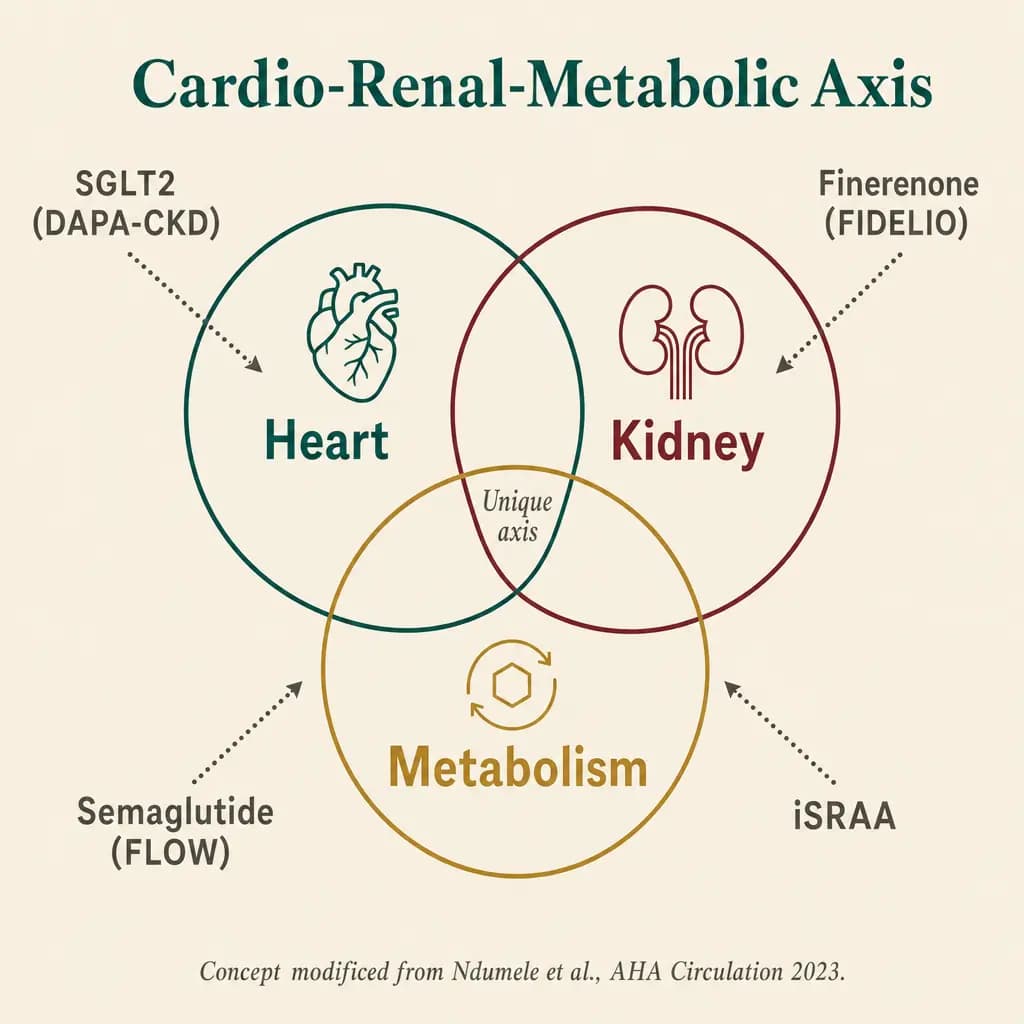 Diagram of the cardio-renal-metabolic axis — heart, kidney, and metabolism drawn as three overlapping circles forming a single syndrome. Around them, the four pharmacological pillars of the last decade that protect all three systems in parallel: SGLT2 inhibitors (DAPA-CKD), finerenone (FIDELIO-DKD), semaglutide (FLOW), and renin-angiotensin-aldosterone blockade.