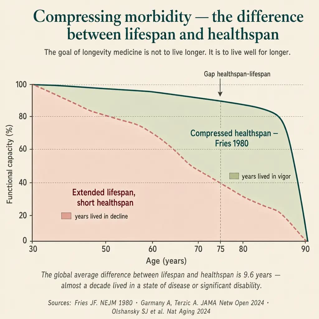 Curves of functional capacity across the lifespan. The dashed line (expansion of morbidity) declines early and gradually — many years are lived with reduced capacity. The solid line (compression of morbidity, Fries 1980 concept) maintains vigor until near the end and falls sharply at the close. The global average gap between lifespan and healthspan is 9.6 years — almost a decade lived in disease or disability.