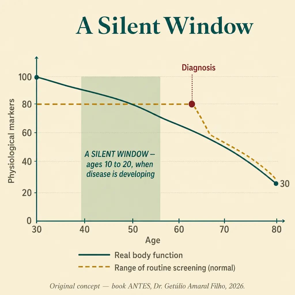 Timeline of the silent window: between ages 35 and 55, the body's real function is already in decline while the routine-lab range still reads “normal.” The diagnosis arrives at 60 — by which point ten to twenty years of damage have already been built. Original concept developed in our editorial work.