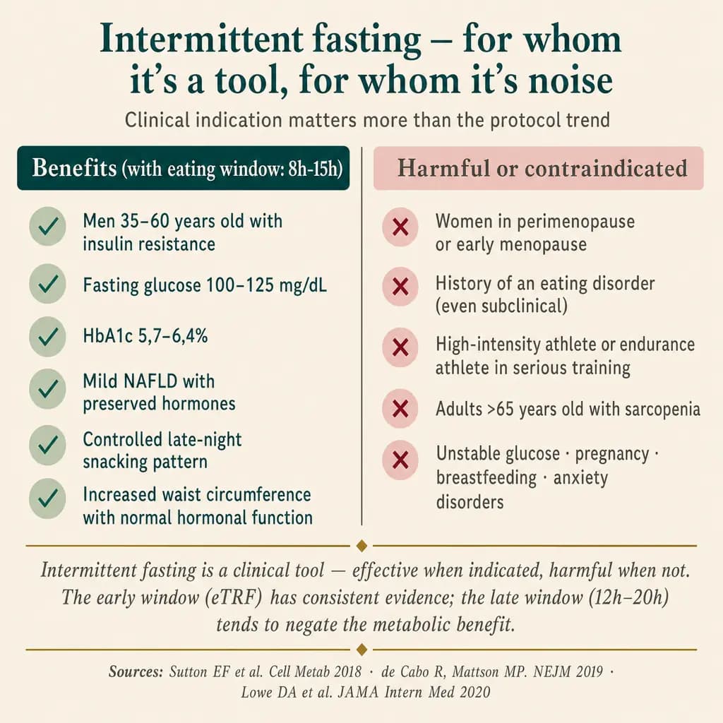 Who benefits: man 35–60 with insulin resistance, fasting glucose 100–125, mild NAFLD, uncontrolled nighttime snacking pattern, increased waist circumference with preserved hormones — use early window 8 a.m.–3 p.m. Who is harmed: perimenopausal woman, history of eating disorder, strength/endurance athlete in serious training, adult >65 with sarcopenia, unstable glycemia, pregnancy/breastfeeding, decompensated anxiety.