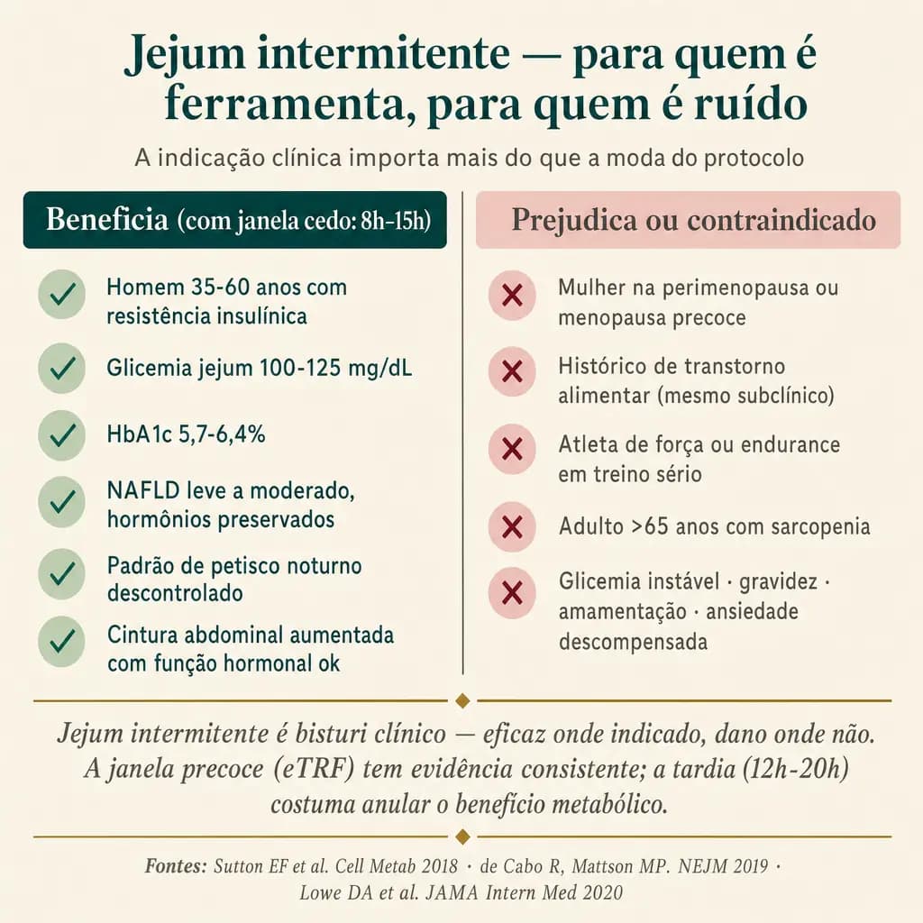 Quem se beneficia: homem 35-60 com resistência insulínica, glicemia jejum 100-125, NAFLD leve, padrão de petisco noturno descontrolado, cintura aumentada com hormônios preservados (usar janela precoce 8h-15h). Quem se prejudica: mulher na perimenopausa, histórico de transtorno alimentar, atleta de força/endurance em treino sério, adulto >65 com sarcopenia, glicemia instável, gravidez/amamentação, ansiedade descompensada.