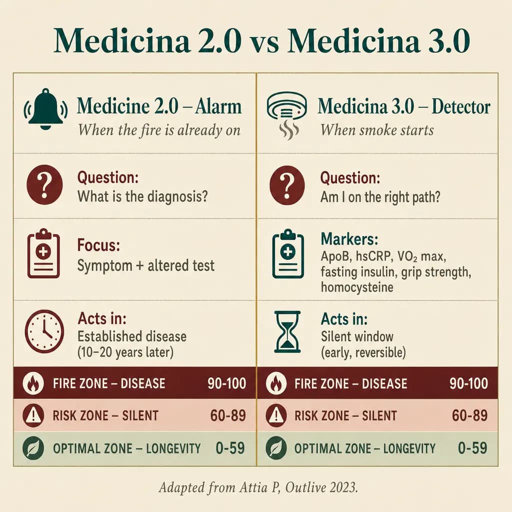 Comparative table between Medicine 2.0 (alarm — asks "what is the diagnosis?", works with symptoms and abnormal labs, acts on established disease) and Medicine 3.0 (detector — asks "am I on the path?", works with ApoB, hs-CRP, VO₂ max, fasting insulin, grip strength, homocysteine, acts within the silent window). Adapted from Attia P, Outlive 2023.