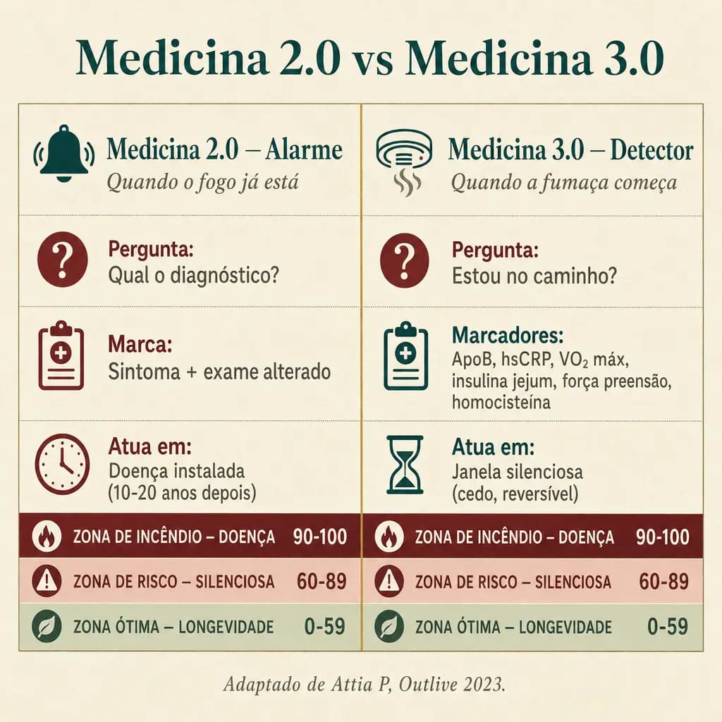 Quadro comparativo entre Medicina 2.0 (alarme; pergunta "qual o diagnóstico?", trabalha com sintoma e exame alterado, atua na doença instalada) e Medicina 3.0 (detector; pergunta "estou no caminho?", trabalha com ApoB, hsCRP, VO₂ máx, insulina jejum, força de preensão, homocisteína, atua na janela silenciosa). Adaptado de Attia P, Outlive 2023.