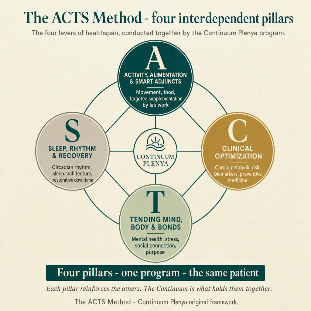 The four pillars of The ACTS Method as an interconnected diagram: A (Activity, Alimentation & Smart Adjuncts), C (Clinical Optimization), T (Tending Mind, Body & Bonds), and S (Sleep, Rhythm & Recovery) — interdependent, conducted together by the Continuum Plenya program.