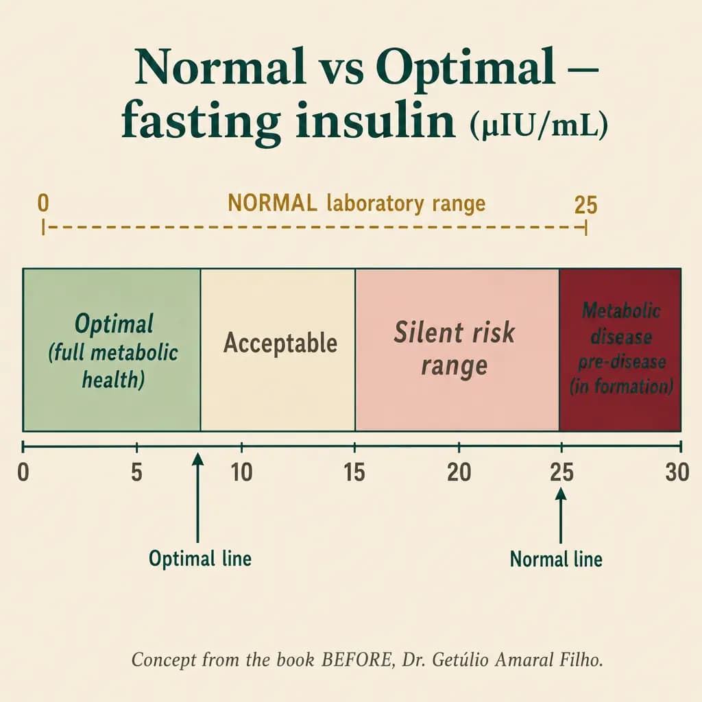 Fasting insulin range (µIU/mL): the laboratory's NORMAL band (0–25) covers four radically different zones — OPTIMAL (0–8, sage green), acceptable (8–15), silent risk (15–25, dusty pink), pre-disease (>25, burgundy). The distance between 8 and 25 is the silent window in action. Concept from the book ANTES.