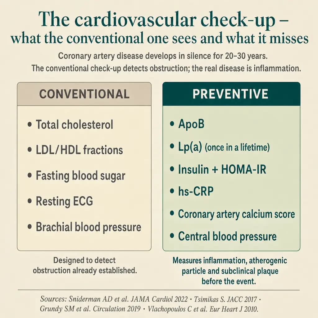 Comparison between conventional checkup (total cholesterol, LDL/HDL, fasting glucose, resting ECG, arm BP) and preventive cardiovascular checkup (adds ApoB, Lp(a) once in a lifetime, insulin + HOMA-IR, hs-CRP, coronary calcium score, central blood pressure). Coronary disease builds in silence over 20–30 years — the conventional was designed to detect obstruction, the real disease is inflammation.