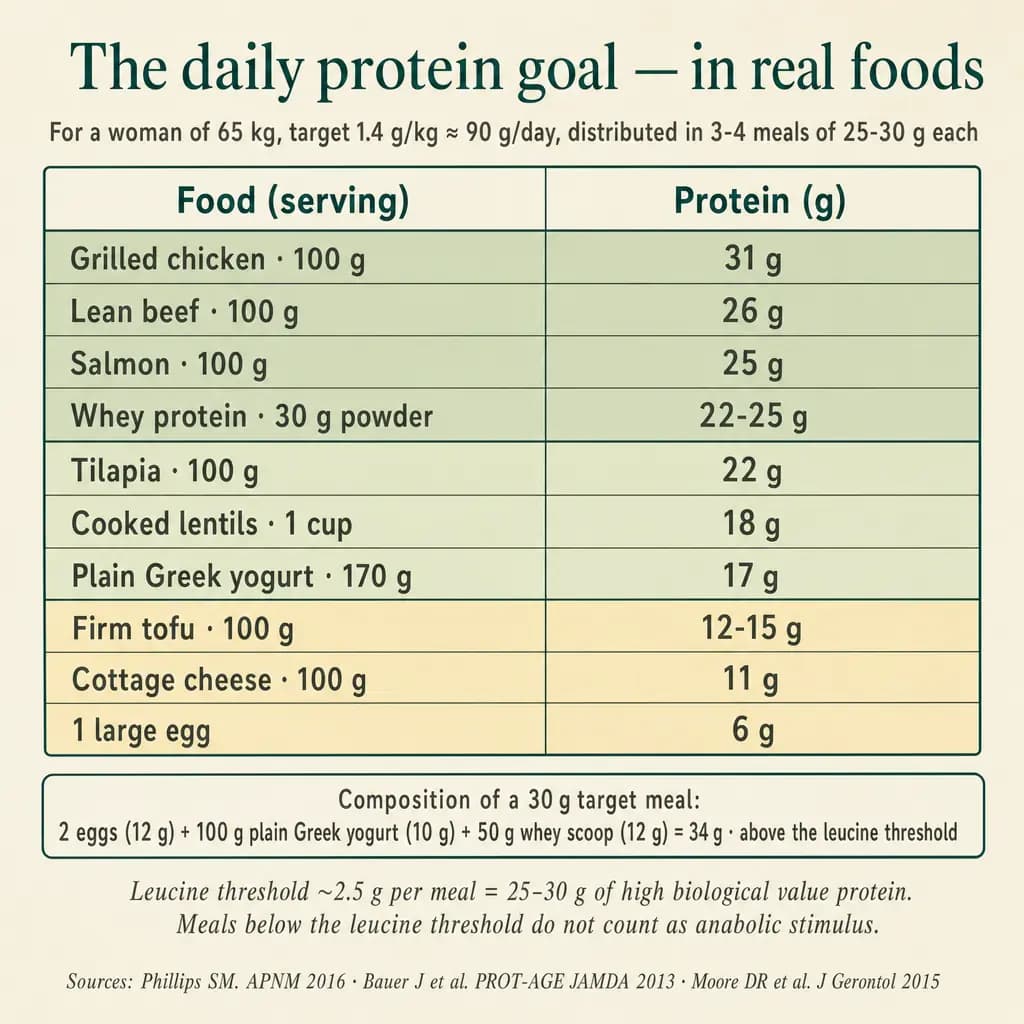 Practical protein-per-portion table in real foods: grilled chicken 100 g (31 g), lean beef 100 g (26 g), salmon 100 g (25 g), whey 30 g (22–25 g), Greek yogurt 170 g (17 g), 1 cup cooked lentils (18 g), 1 egg (6 g). Leucine threshold ~2.5 g/meal = 25–30 g of high-biological-value protein — a meal below the threshold does not count as anabolic stimulus.