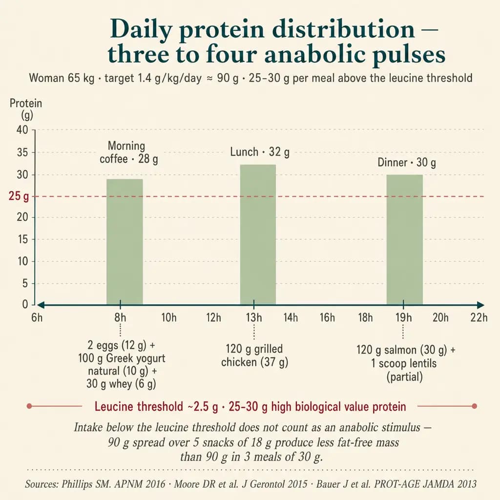 Daily protein distribution in 3 anabolic pulses for a 65 kg woman (target 1.4 g/kg = ~90 g/day): breakfast 28 g (2 eggs + Greek yogurt + whey), lunch 32 g (grilled chicken), dinner 30 g (salmon + lentils). Each meal above the leucine threshold (~25–30 g of high-biological-value protein). 90 g spread across 5 snacks of 18 g produces less lean mass than 90 g in 3 meals of 30 g.