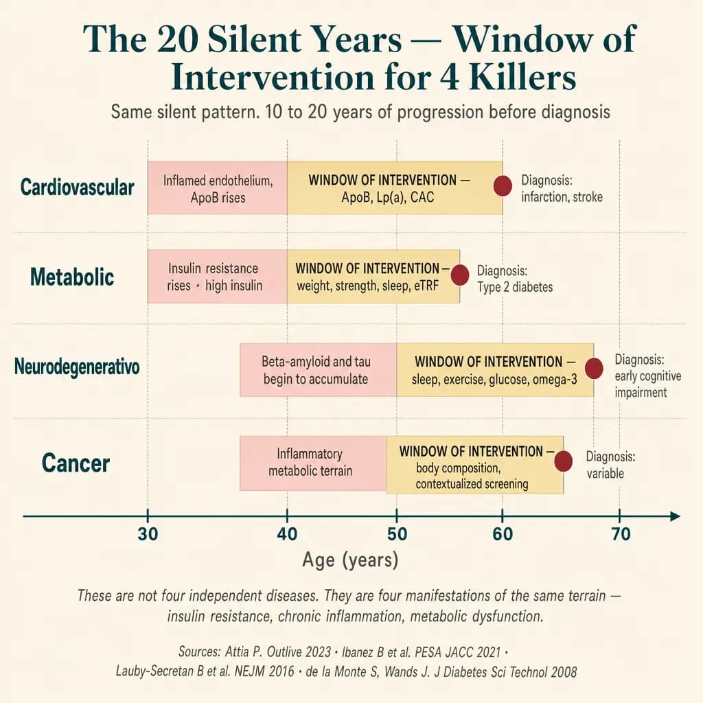 Timeline of the 4 silent killers. Each disease (cardiovascular, metabolic, neurodegenerative, cancer) has 10–20 years of silent phase before diagnosis. The four share common roots — insulin resistance, chronic inflammation, metabolic dysfunction — and have an overlapping INTERVENTION WINDOW between ages 40 and 65, where the preventive reading changes the outcome.