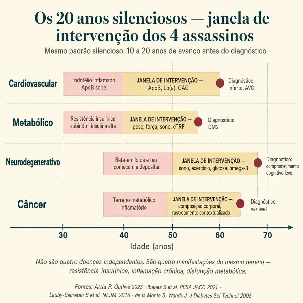 Linha do tempo dos 4 assassinos silenciosos. Cada doença (cardiovascular, metabólica, neurodegenerativa, câncer) tem 10-20 anos de fase silenciosa antes do diagnóstico. As quatro compartilham raízes comuns (resistência insulínica, inflamação crônica, disfunção metabólica) e têm uma JANELA DE INTERVENÇÃO sobreposta entre os 40 e os 65 anos onde a leitura preventiva muda o desfecho.