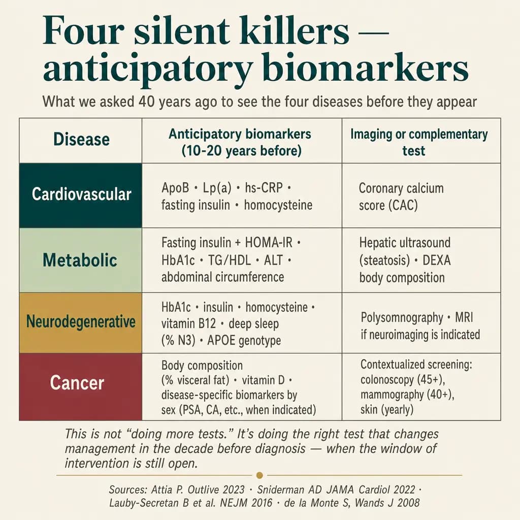 Table of anticipatory biomarkers (10–20 years before diagnosis) for each of the four killers. Cardiovascular: ApoB, Lp(a), hs-CRP, insulin, homocysteine + coronary calcium score. Metabolic: insulin + HOMA-IR, HbA1c, TG/HDL, ALT, waist + hepatic ultrasound/DEXA. Neurodegenerative: HbA1c, insulin, homocysteine, B12, N3 sleep, APOE + polysomnography. Cancer: body composition, vitamin D, sex-specific markers + contextualized screening.