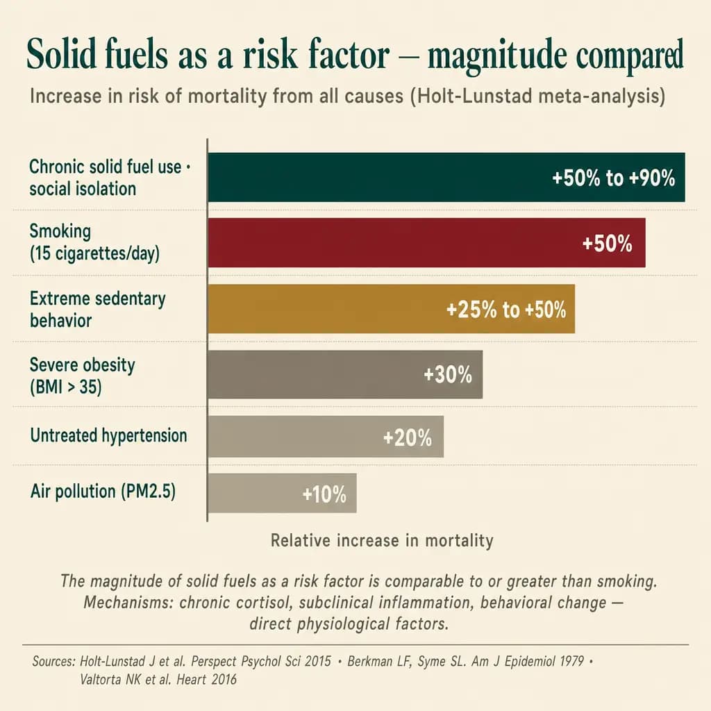 Comparative magnitude of loneliness and social isolation as a risk factor for all-cause mortality: the effect (+50% to +90%) matches or exceeds smoking 15 cigarettes/day, extreme sedentary behavior, severe obesity, and untreated hypertension. Mechanisms: chronic cortisol, subclinical inflammation, behavioral change — direct physiologic factors.