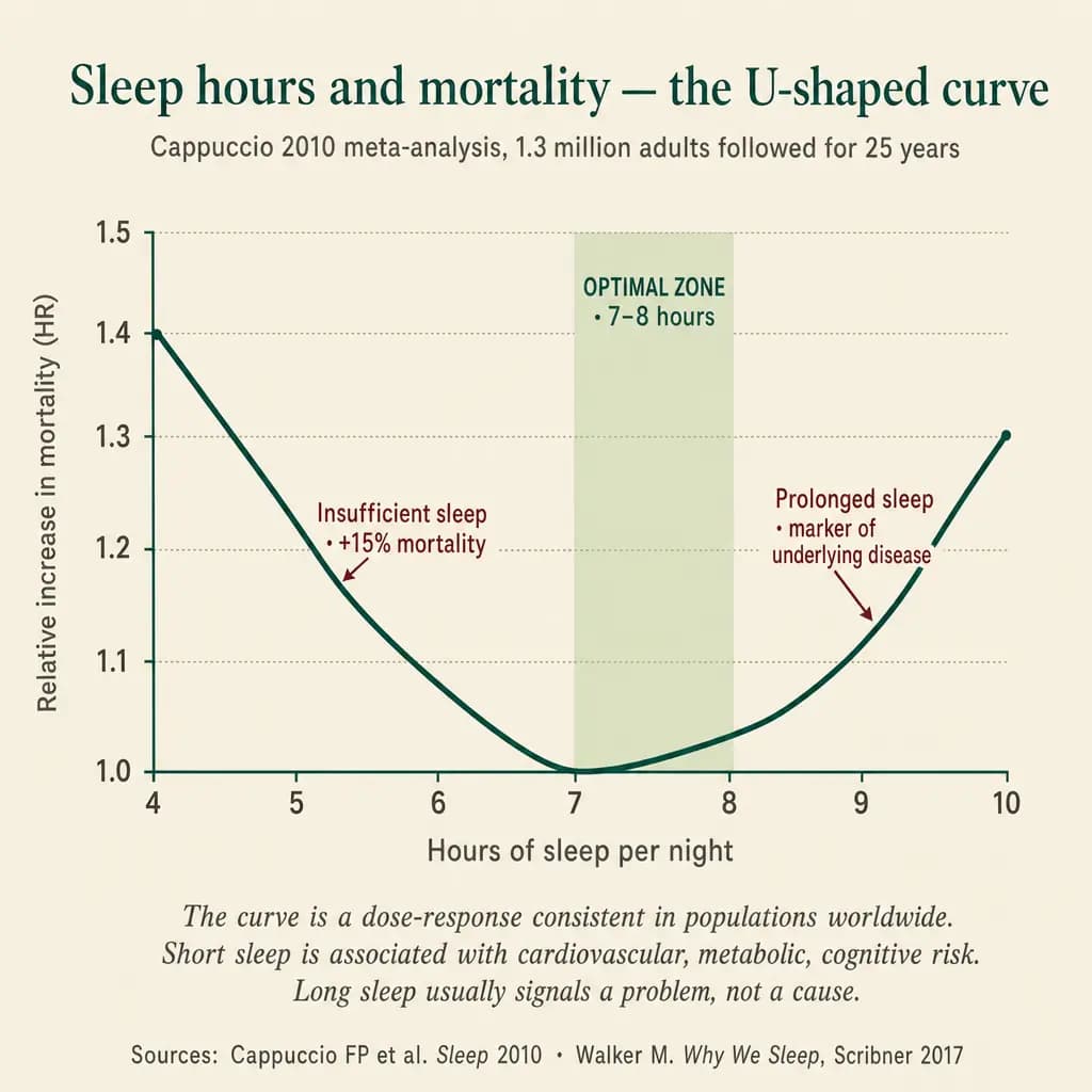 U-shaped curve of all-cause mortality as a function of hours of sleep per night (Cappuccio 2010, meta-analysis of 1.3 million adults followed for 25 years). The optimal zone is 7–8 hours. Insufficient sleep (<6h) raises mortality ~15%. Excessively long sleep (>9h) also raises it, usually as a marker of underlying disease.