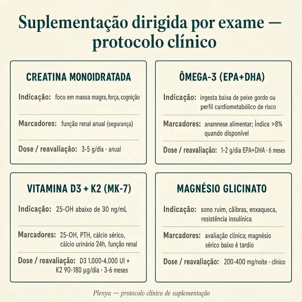 Protocolo clínico de suplementação dirigida por exame em adultos acima dos 40: creatina monoidratada 3-5 g/dia com controle anual de função renal; ômega-3 EPA+DHA 1-2 g/dia em formulação certificada, indicação por anamnese alimentar e Índice de Ômega-3 quando disponível, reavaliação semestral; vitamina D3 1.000-4.000 UI com K2 (MK-7) 90-180 µg/dia, dose ajustada por 25-OH + PTH + cálcio sérico e urinário + função renal, reavaliação a cada 3-6 meses; magnésio glicinato 200-400 mg/noite, indicação clínica por sinais de deficiência (sono ruim, cãibras, enxaqueca, resistência insulínica).