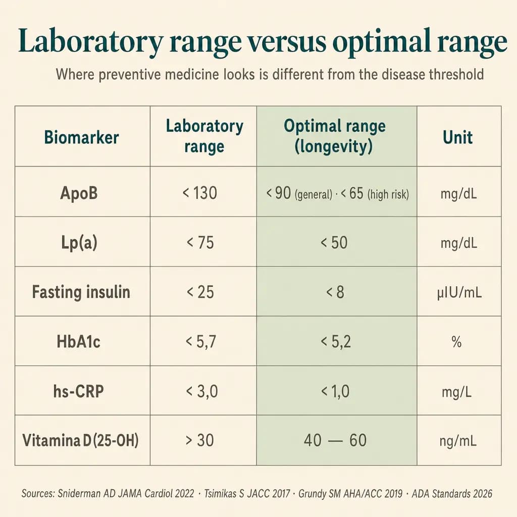 Target ranges for the six central cardiometabolic biomarkers. The "lab" range answers "do you have diagnosed disease?": a statistical filter for 95% of the population. The "optimal" range answers "what is your trajectory?": a smaller physiologic range where the body operates with margin, calibrated by longevity studies.