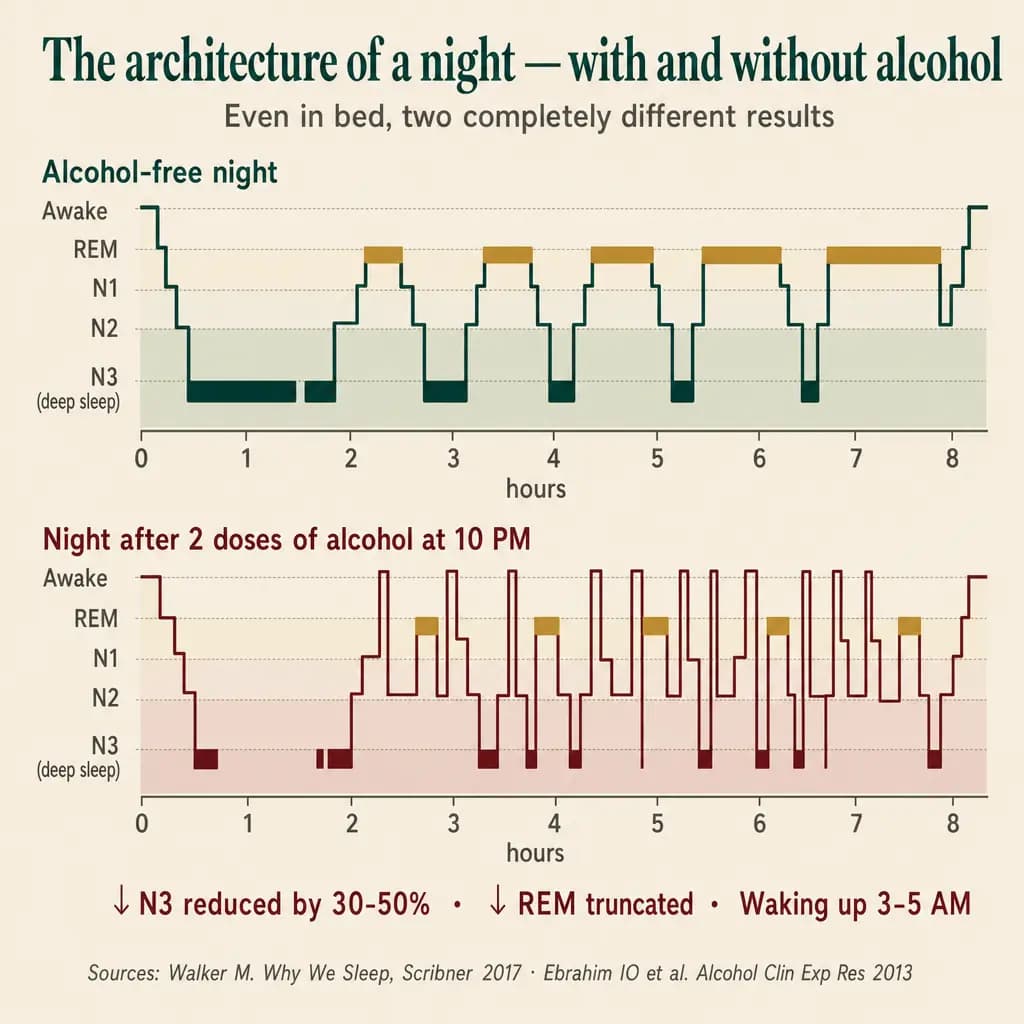 Comparison of hypnograms: the healthy night (top) with robust N3 deep sleep early on and growing REM cycles in the second half. The post-alcohol night (bottom) shows N3 suppressed by 30–50%, truncated REM, and multiple awakenings in the early morning. Same time in bed, completely different restoration.