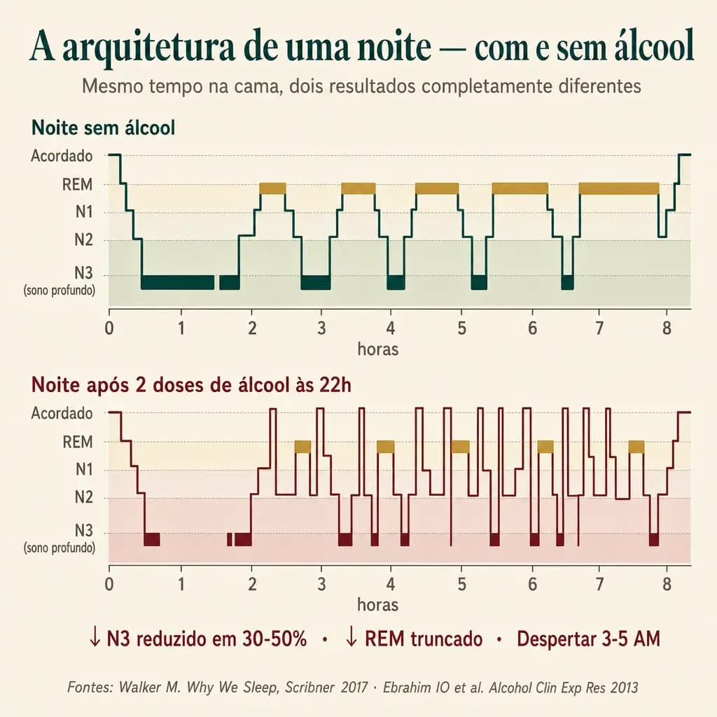 Comparação de hipnogramas: a noite saudável (cima) com sono profundo N3 robusto no início e ciclos REM crescentes na segunda metade. A noite após álcool (baixo) tem N3 suprimido em 30-50%, REM truncado e múltiplos despertares na madrugada. Mesmo tempo na cama, restauração completamente diferente.