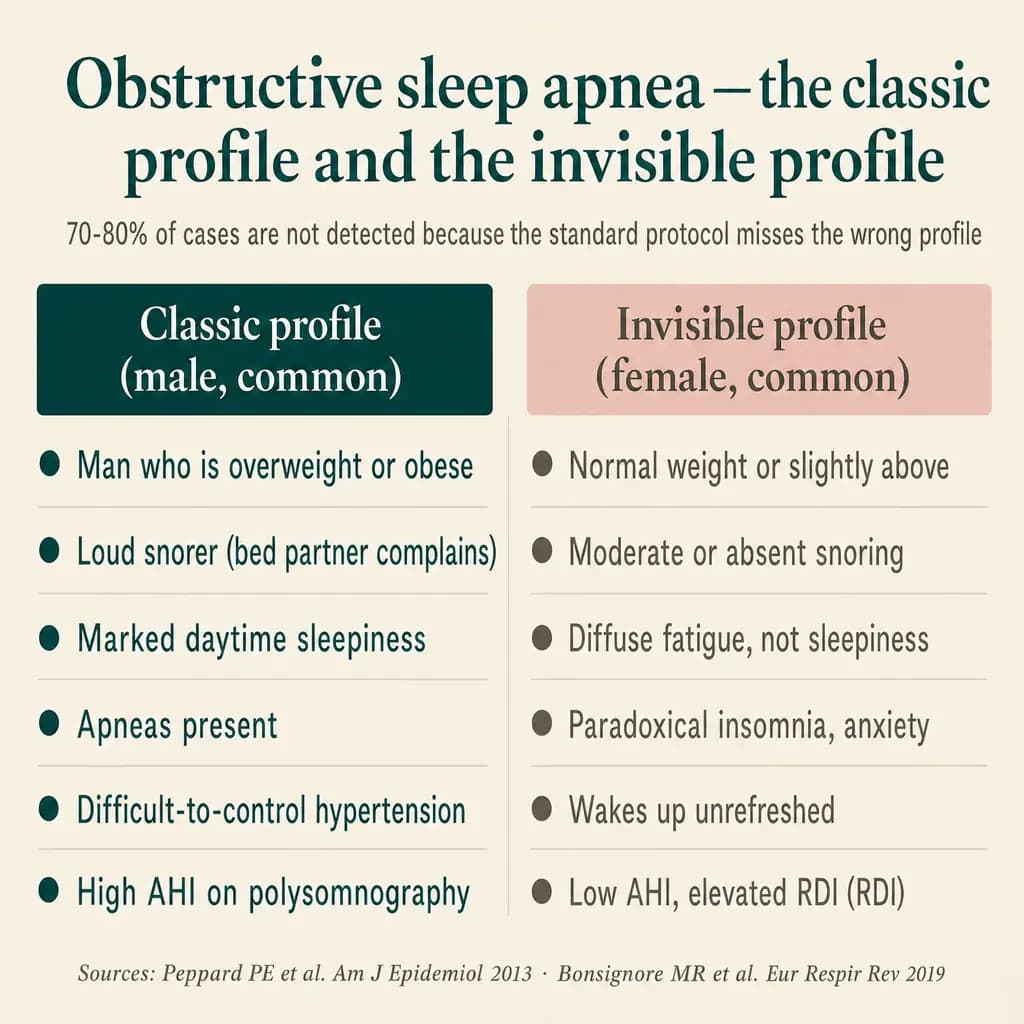 Two profiles of obstructive apnea. On the left, the classical profile: overweight man, loud snoring, marked daytime sleepiness, high AHI, the standard protocol recognizes. On the right, the invisible profile: woman with normal weight, modest snoring, fatigue instead of sleepiness, low AHI but evident sleep fragmentation, the picture that escapes screening.