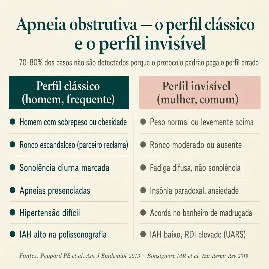 Dois perfis de apneia obstrutiva. À esquerda, o perfil clássico: homem com sobrepeso, ronco escandaloso, sonolência diurna marcada, IAH alto, o protocolo padrão reconhece. À direita, o perfil invisível: mulher com peso normal, ronco modesto, fadiga em vez de sonolência, IAH baixo mas fragmentação do sono evidente, o quadro que escapa do rastreio.