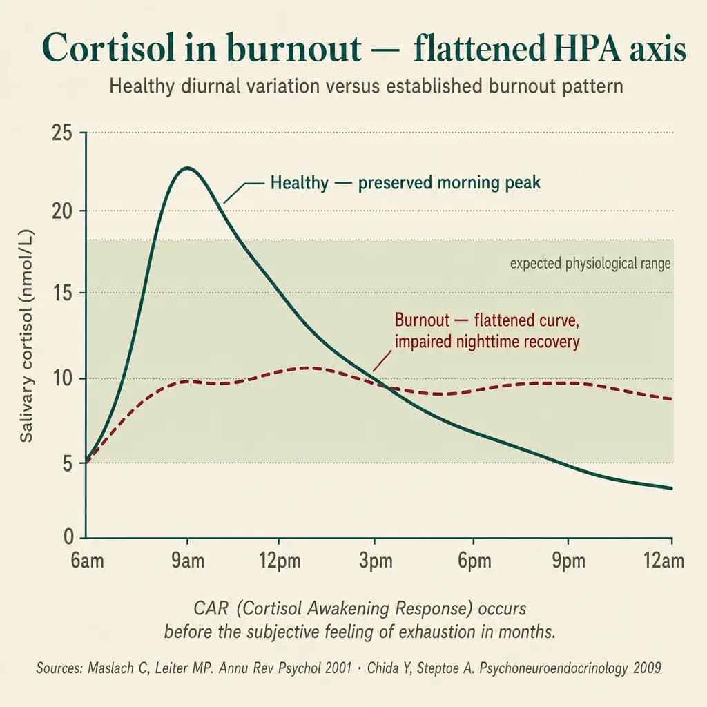 Diurnal cortisol curves: the healthy pattern (solid line) has a robust morning peak at 8–9 a.m. (Cortisol Awakening Response) and progressive decline across the day. The burnout pattern (dashed line) has a flattened CAR, persistently elevated cortisol during the day, and impaired nighttime recovery.