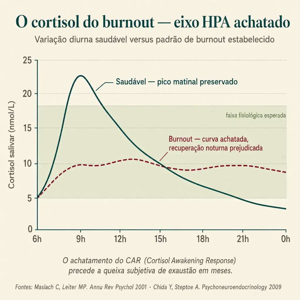 Curvas de cortisol diurno: o padrão saudável (linha cheia) tem pico matinal robusto às 8-9h (Cortisol Awakening Response) e queda progressiva ao longo do dia. O padrão de burnout (linha tracejada) tem CAR achatado, cortisol persistentemente elevado durante o dia e recuperação noturna prejudicada.