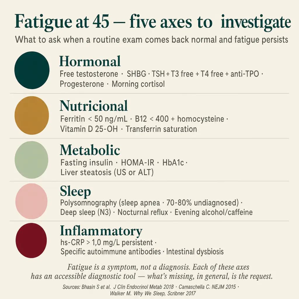 Five diagnostic axes to investigate persistent fatigue in adults with a "normal" checkup: hormonal (free testosterone, SHBG, full thyroid panel, cortisol), nutritional (ferritin, B12 + homocysteine, vitamin D), metabolic (insulin, HOMA-IR, HbA1c), sleep (polysomnography, hidden apnea, alcohol/caffeine), and inflammatory (persistent hs-CRP, incipient autoimmunity).