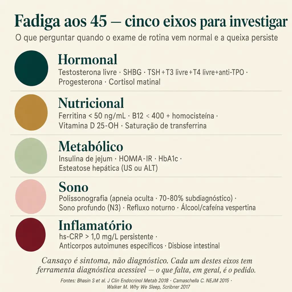 Cinco eixos diagnósticos para investigar fadiga persistente em adultos com check-up "normal": hormonal (testosterona livre, SHBG, painel tireoidiano completo, cortisol), nutricional (ferritina, B12+homocisteína, vitamina D), metabólico (insulina, HOMA-IR, HbA1c), sono (polissonografia, apneia oculta, álcool/cafeína) e inflamatório (hs-CRP persistente, autoimunidade incipiente).