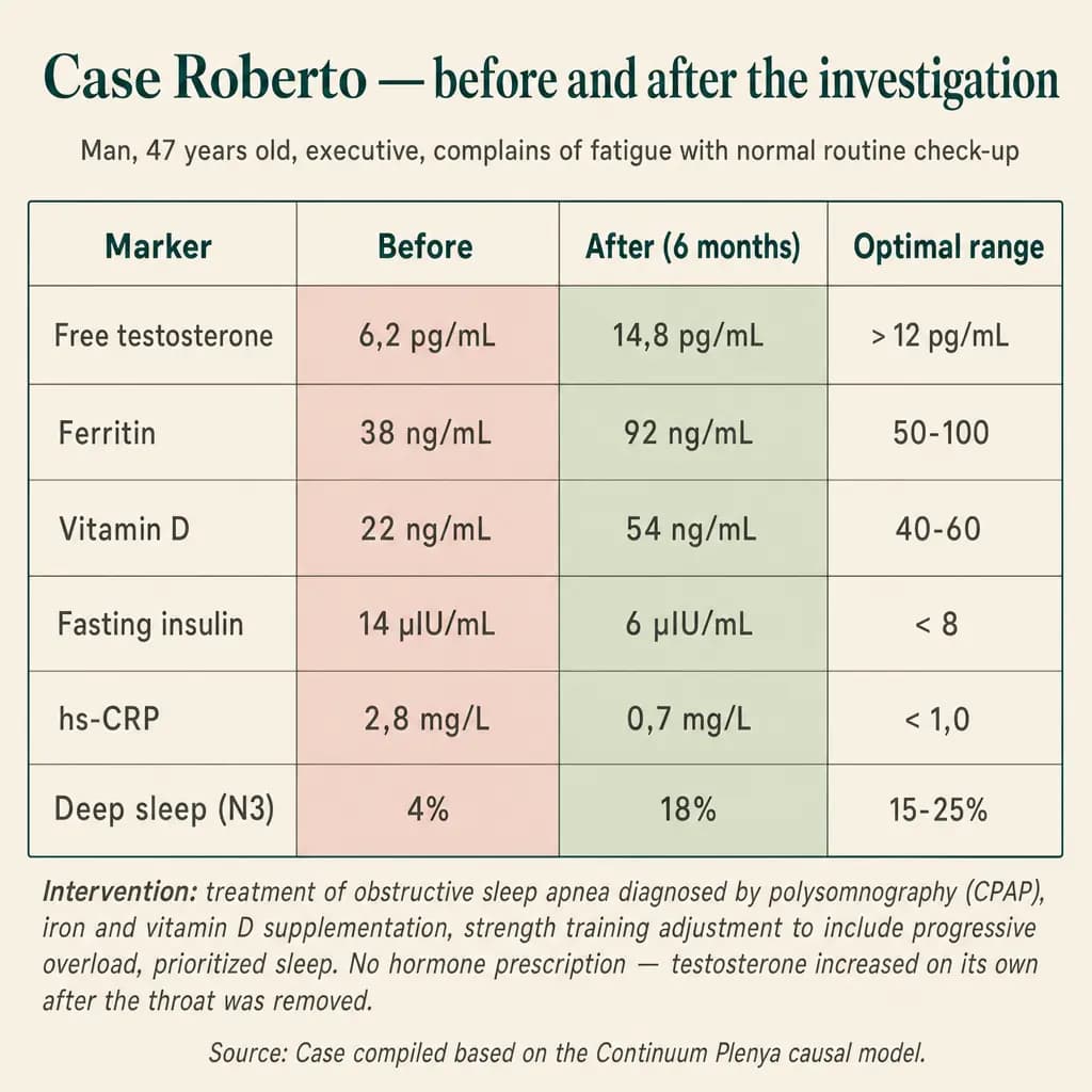 Composite clinical case (man, 47, executive): six biomarkers before and after the targeted workup — free testosterone, ferritin, vitamin D, fasting insulin, hs-CRP, and deep-sleep percentage. In 6 months, all return to optimal range without hormone prescription — the bottleneck was undiagnosed obstructive apnea stealing deep sleep, and testosterone climbed on its own when sleep was restored.