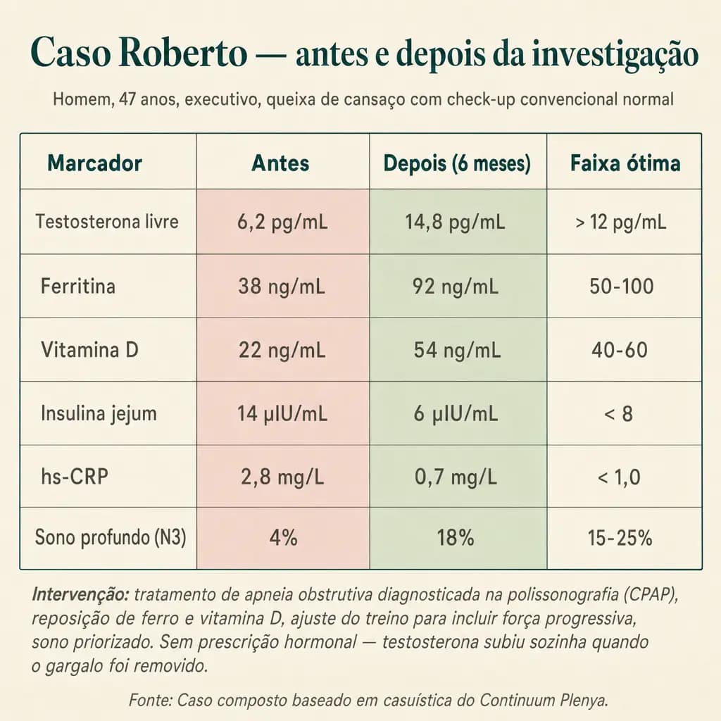 Caso clínico composto (homem, 47 anos, executivo): seis biomarcadores antes e depois da investigação dirigida: testosterona livre, ferritina, vitamina D, insulina de jejum, hs-CRP e percentual de sono profundo. Em 6 meses, todos voltam à faixa ótima sem prescrição hormonal: o gargalo era apneia obstrutiva subdiagnosticada que roubava sono profundo, e a testosterona subiu sozinha quando o sono foi restaurado.