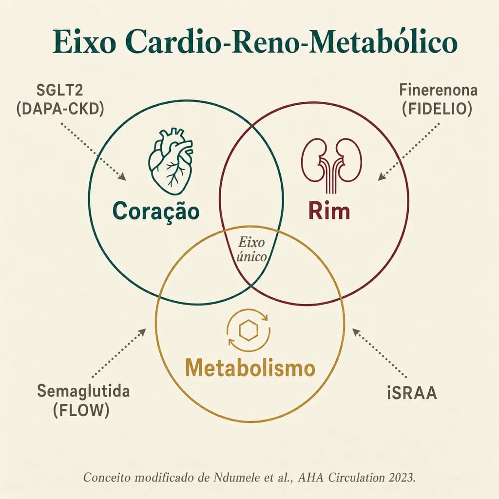 Diagrama do eixo cardio-reno-metabólico: coração, rim e metabolismo desenhados como três círculos sobrepostos formando uma única síndrome. Em volta, os quatro pilares farmacológicos da última década que protegem os três sistemas em paralelo: SGLT2 (DAPA-CKD), finerenona (FIDELIO-DKD), semaglutida (FLOW) e bloqueio do sistema renina-angiotensina-aldosterona.