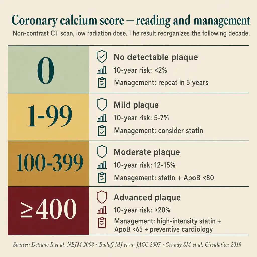Reading table for the coronary calcium score (CAC, Agatston): 0 = no detectable plaque (risk <2% in 10 years, repeat in 5 years); 1–99 = mild plaque (risk 5–7%, consider statin); 100–399 = moderate plaque (risk 12–15%, statin + ApoB <80 target); ≥400 = advanced plaque (risk >20%, high-potency statin + ApoB <65 + preventive cardiology).