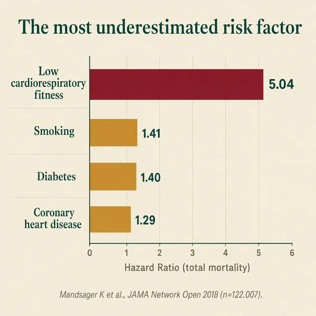 Comparison of hazard ratios for total mortality: low cardiorespiratory fitness (HR 5.04) exceeds smoking (1.41), diabetes (1.40), and coronary disease (1.29). Cleveland Clinic study with 122,000 adults, Mandsager 2018, JAMA Network Open.