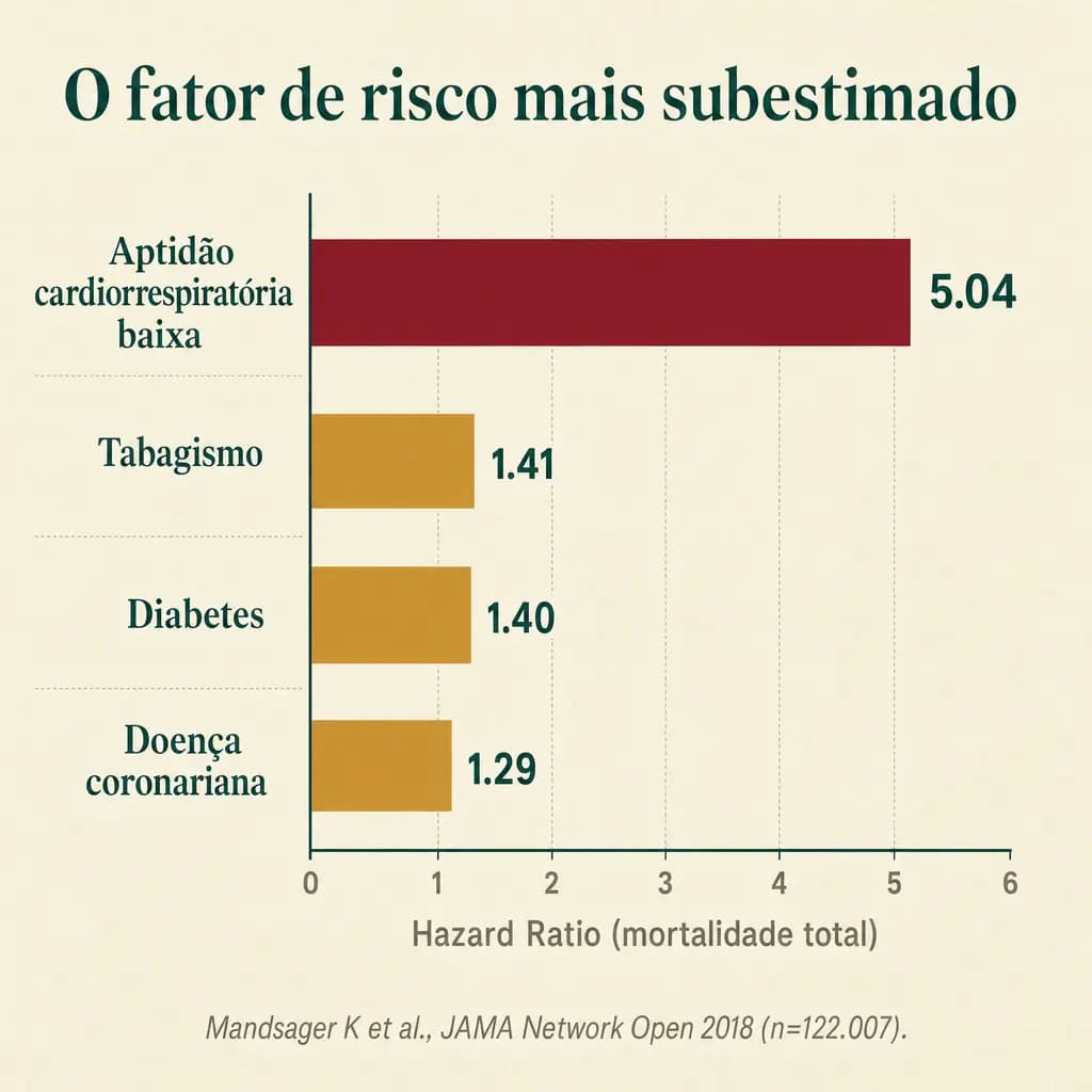 Comparativo de hazard ratio para mortalidade total: aptidão cardiorrespiratória baixa (HR 5,04) supera tabagismo (1,41), diabetes (1,40) e doença coronariana (1,29). Estudo da Cleveland Clinic com 122 mil adultos, Mandsager 2018, JAMA Network Open.