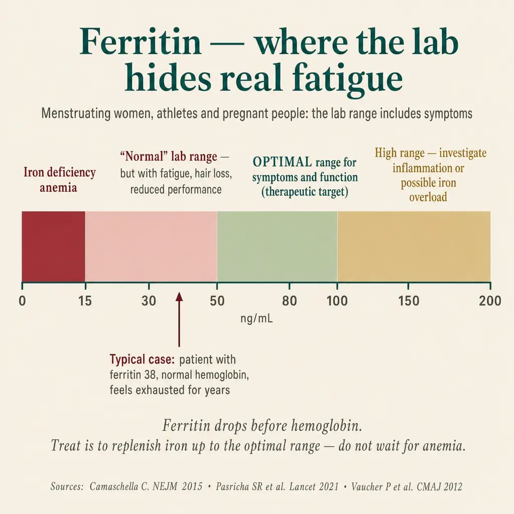 Serum ferritin ruler from 0 to 200 ng/mL, divided into four zones: 0–15 (frank anemia), 15–50 (lab "normal" range, but symptomatic — fatigue, hair loss, drop in performance), 50–100 (OPTIMAL range, therapeutic target in menstruating women and athletes), 100–200 (high range — investigate inflammation or hemochromatosis). Ferritin falls before hemoglobin; treatment is to replace iron up to the optimal range, not to wait for anemia.