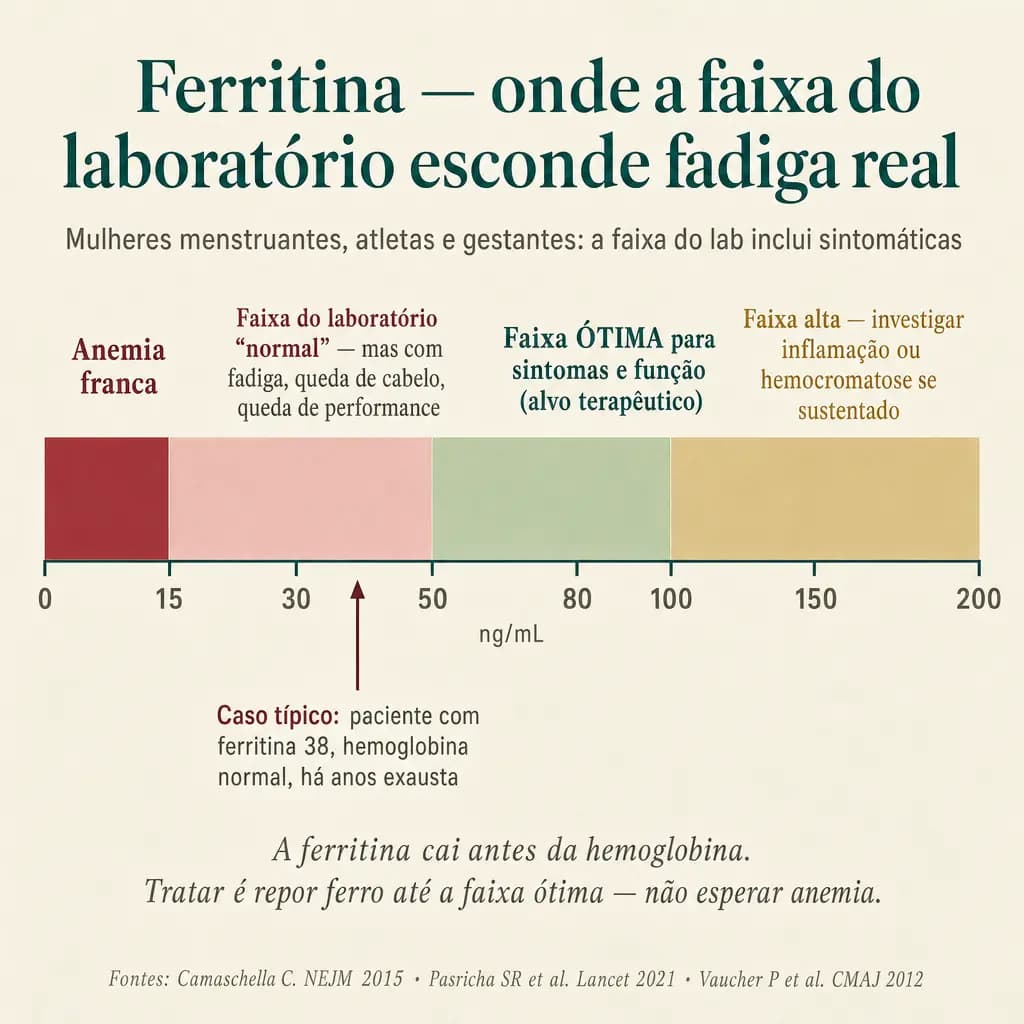 Régua da ferritina sérica de 0 a 200 ng/mL, dividida em quatro zonas: 0-15 (anemia franca), 15-50 (faixa "normal" do laboratório, mas sintomática: fadiga, queda de cabelo, queda de performance), 50-100 (faixa ÓTIMA, alvo terapêutico em mulheres menstruantes e atletas), 100-200 (faixa alta, investigar inflamação ou hemocromatose). A ferritina cai antes da hemoglobina; o tratamento é repor ferro até a faixa ótima, não esperar anemia.