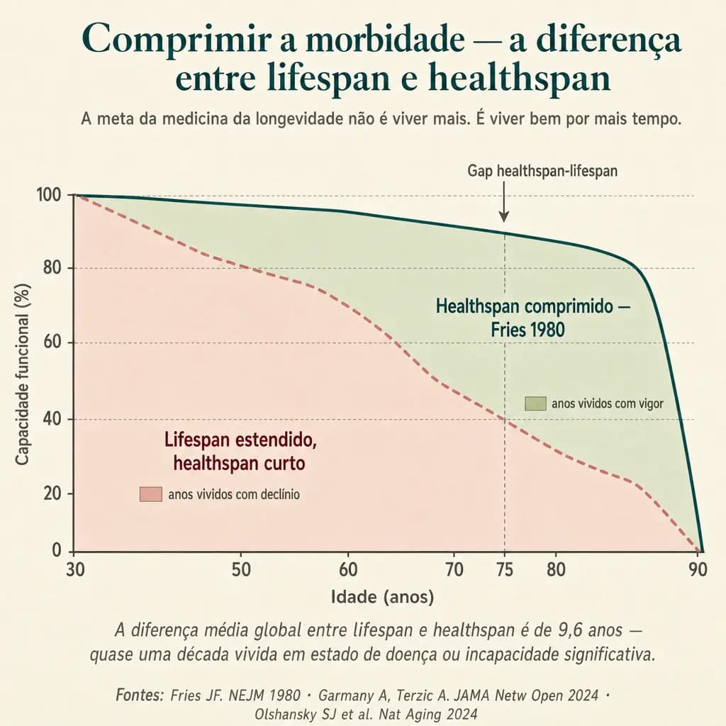 Curvas de capacidade funcional ao longo da vida. A linha tracejada (expansão da morbidade) declina cedo e lentamente, vivem-se muitos anos com capacidade reduzida. A linha cheia (compressão da morbidade, conceito de Fries 1980) mantém vigor até quase o fim e cai abruptamente no final. A diferença média global entre lifespan e healthspan é de 9,6 anos, quase uma década vivida em estado de doença ou incapacidade.