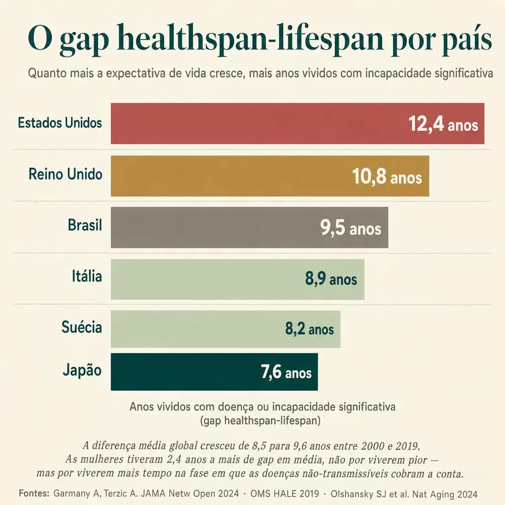 Gap healthspan-lifespan por país (anos vividos com doença ou incapacidade significativa): EUA 12,4 · Reino Unido 10,8 · Brasil 9,5 · Itália 8,9 · Suécia 8,2 · Japão 7,6. A diferença média global cresceu de 8,5 para 9,6 anos entre 2000 e 2019. Mulheres têm em média 2,4 anos a mais de gap, não por viverem pior, mas por viverem mais tempo na fase em que as doenças não-transmissíveis cobram a conta.