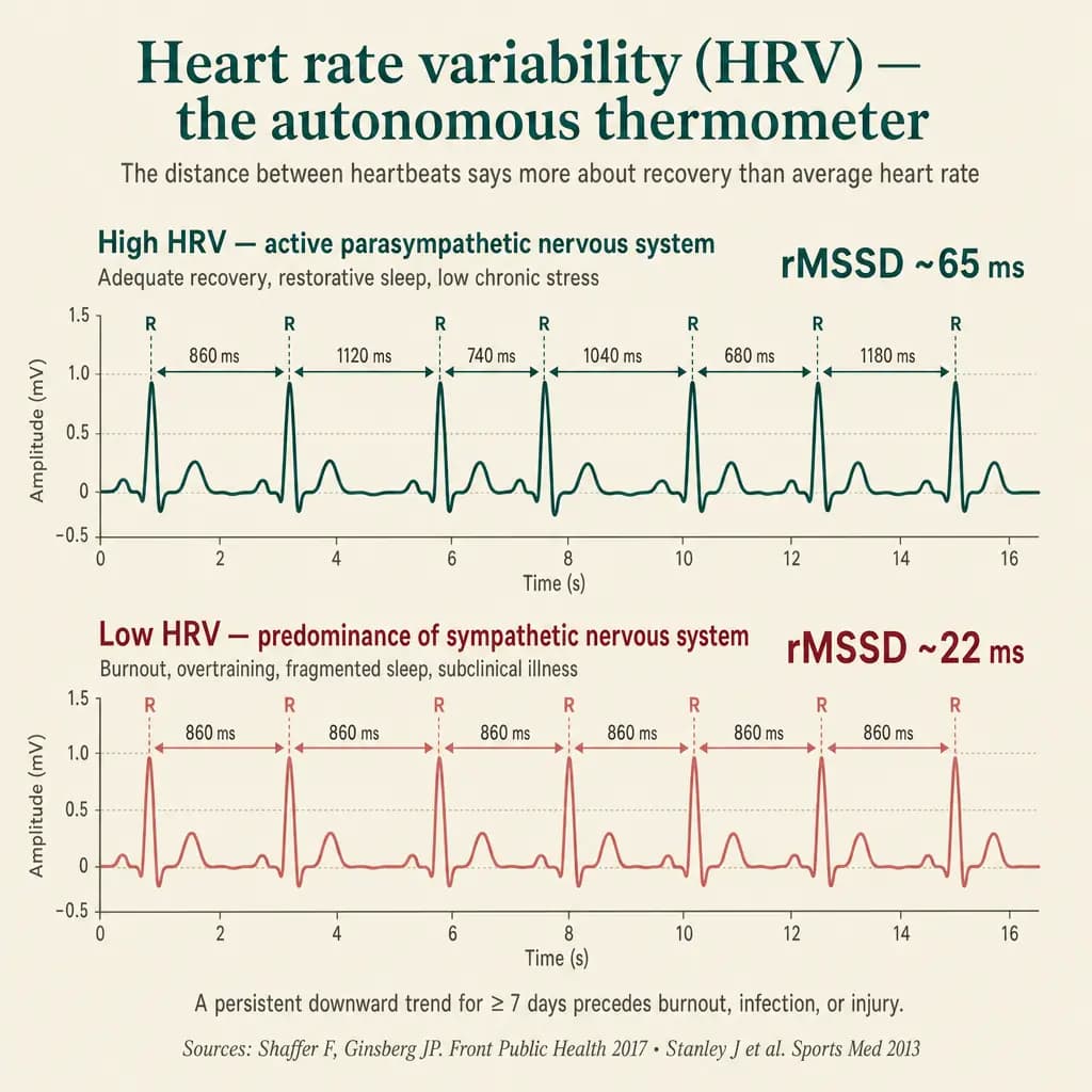 Comparison of R-R interval traces. Above, high HRV (rMSSD ~65 ms) with visible variation between consecutive beats — active parasympathetic system, adequate recovery. Below, low HRV (rMSSD ~22 ms) with almost metronomic intervals — chronic sympathetic predominance, the pattern of burnout, overtraining, or subclinical disease.