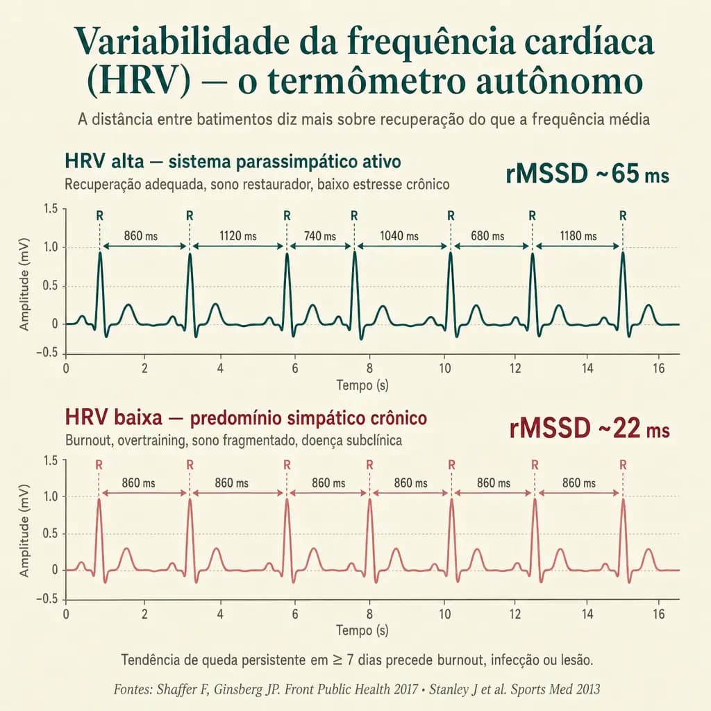 Comparação de traçados de intervalos R-R. Acima, HRV alta (rMSSD ~65 ms) com variação visível entre batimentos consecutivos: sistema parassimpático ativo, recuperação adequada. Abaixo, HRV baixa (rMSSD ~22 ms) com intervalos quase metronômicos: predomínio simpático crônico, padrão de burnout, overtraining ou doença subclínica.