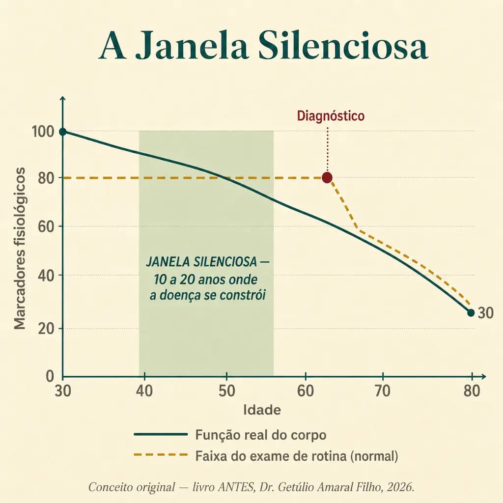 Linha do tempo da janela silenciosa: entre os 35 e os 55 anos, a função real do corpo já está em declínio enquanto a faixa do exame de rotina ainda informa "normal". O diagnóstico chega aos 60, quando dez a vinte anos de dano já foram construídos. Conceito original do livro ANTES.