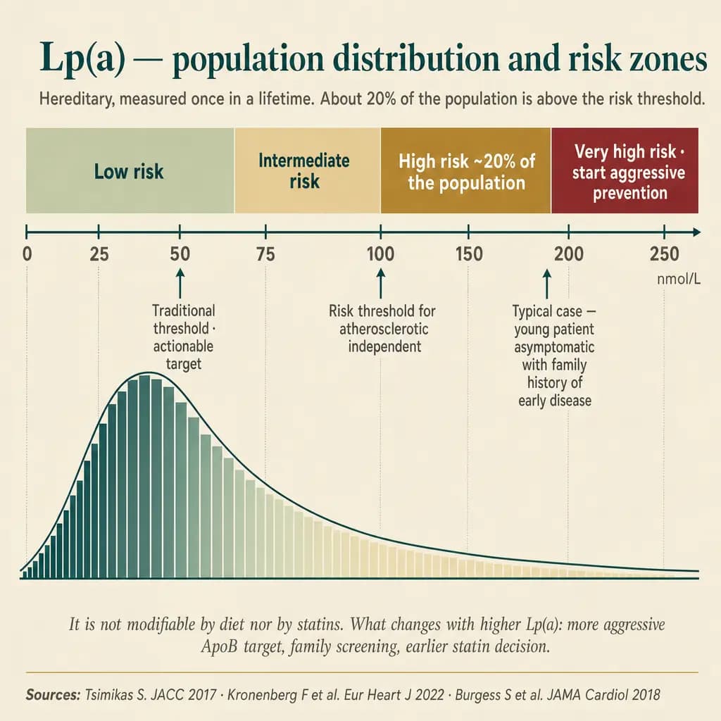 Population distribution of Lp(a) across four risk zones. Most people cluster below 75 nmol/L (low risk), but the long right tail carries ~20% of the population in high (>125 nmol/L) or very high (>200) risk. Lp(a) is hereditary, measured once in a lifetime, and does not respond to diet or statin — what changes is the ApoB target, family screening, and the timing of preventive action.