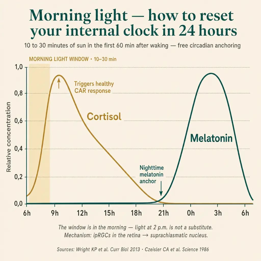 Circadian curves of cortisol (gold) and melatonin (petrol) across 24 hours. The 6–7 a.m. window is the trigger of retinal ipRGCs, which make the SCN fire the morning cortisol peak (CAR) and anchor the rise of melatonin exactly 14 hours later. Without that morning trigger, the rest of the rhythm disorganizes — light at 2 p.m. does not replace it.