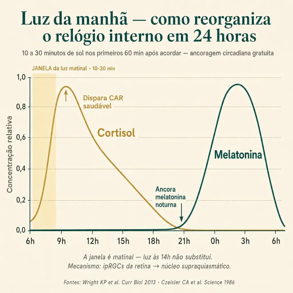 Curvas circadianas de cortisol (gold) e melatonina (petrol) ao longo de 24 horas. A janela de 6h-7h da manhã é o gatilho dos ipRGCs retinianos, que fazem o NSQ disparar o pico matinal de cortisol (CAR) e ancorar a subida da melatonina exatamente 14 horas depois. Sem esse gatilho matinal, todo o resto do ritmo se desorganiza: luz às 14h não substitui.