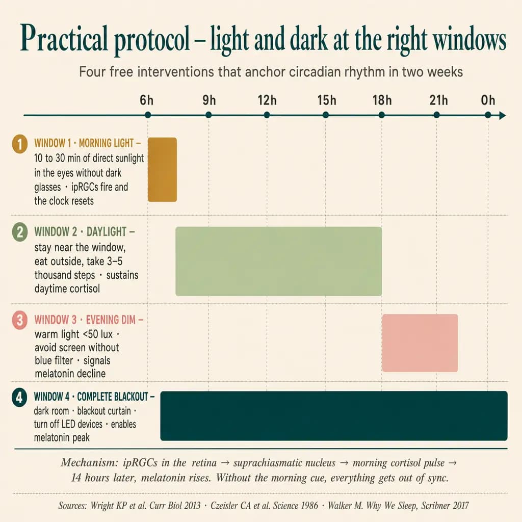 Practical protocol of four circadian windows across 24 hours: (1) morning light 6–7 a.m. (10–30 min of direct sun in the eyes without sunglasses — fires the clock); (2) daytime light 8 a.m.–6 p.m. (sit near a window, lunch outdoors — sustains daytime cortisol); (3) evening dimmer 7–10 p.m. (warm light <50 lux — signals melatonin descent); (4) full blackout 10 p.m.–6 a.m. (dark room, no LED — allows the melatonin peak).