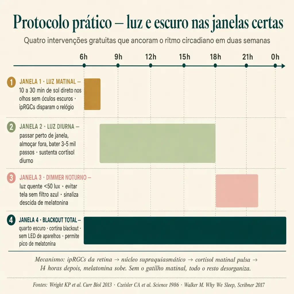 Protocolo prático de quatro janelas circadianas ao longo de 24 horas: (1) luz matinal 6h-7h (10-30 min de sol direto nos olhos sem óculos escuros, dispara o relógio); (2) luz diurna 8h-18h (passar perto de janela, almoçar fora, sustenta cortisol diurno); (3) dimmer noturno 19h-22h (luz quente <50 lux, sinaliza descida de melatonina); (4) blackout total 22h-6h (quarto escuro, sem LED, permite pico de melatonina).