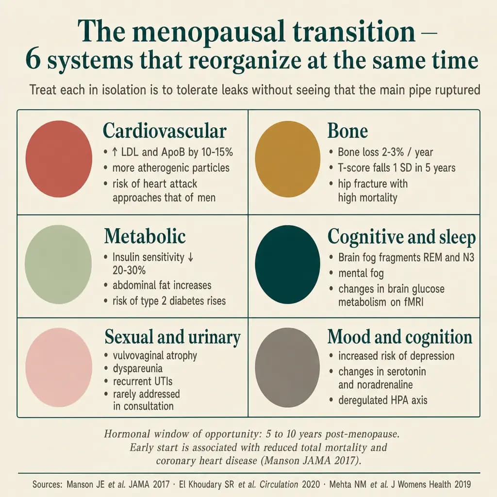 The six systems that reorganize simultaneously in the menopausal transition: cardiovascular (LDL/ApoB rise 10–15%, heart attack risk approaches male risk), skeletal (loss 2–3% per year), metabolic (insulin sensitivity falls 20–30%), cognitive and sleep (REM/N3 fragmented, brain fog), sexual and urinary (atrophy, dyspareunia, UTIs), mood (increased depression risk, dysregulated HPA axis). Hormonal window: 5–10 years post-menopause.