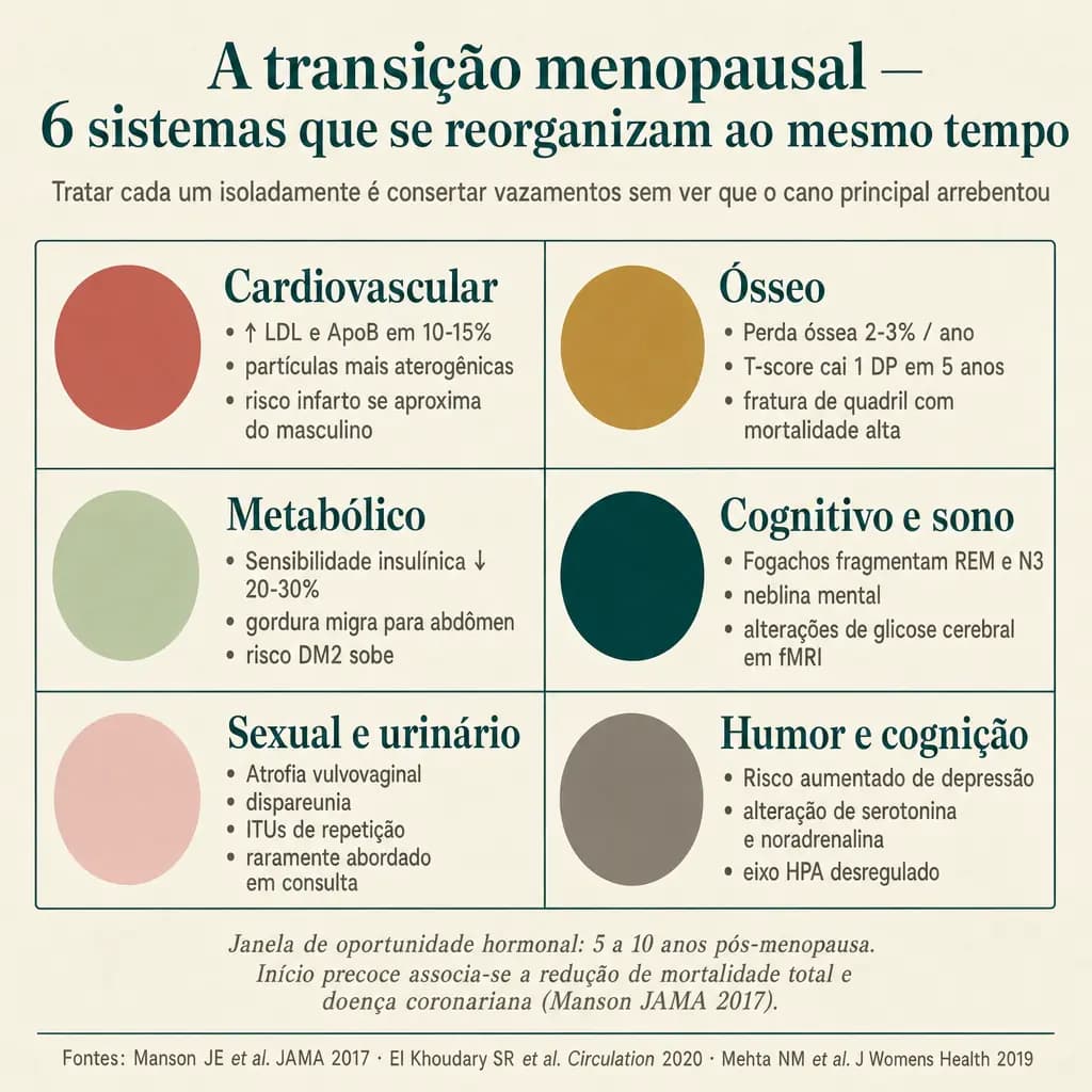 Os seis sistemas que se reorganizam simultaneamente na transição menopausal: cardiovascular (LDL/ApoB sobem 10-15%, risco de infarto se aproxima do masculino), ósseo (perda 2-3% ao ano), metabólico (sensibilidade insulínica cai 20-30%), cognitivo e do sono (REM/N3 fragmentados, neblina mental), sexual e urinário (atrofia, dispareunia, ITUs), humor (risco aumentado de depressão, eixo HPA desregulado). Janela hormonal: 5-10 anos pós-menopausa.
