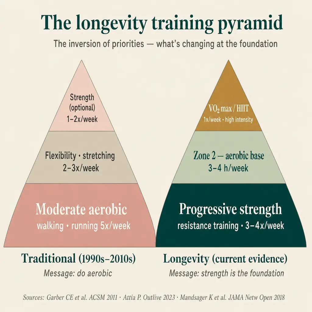 The training pyramid changed orientation. In the classical recommendation of the 1990s–2010s, moderate aerobic dominated the base and strength appeared as an optional item at the apex. In the current longevity reading, progressive strength became the foundation — Zone 2 above, and VO₂ max/HIIT as the small high-return top.