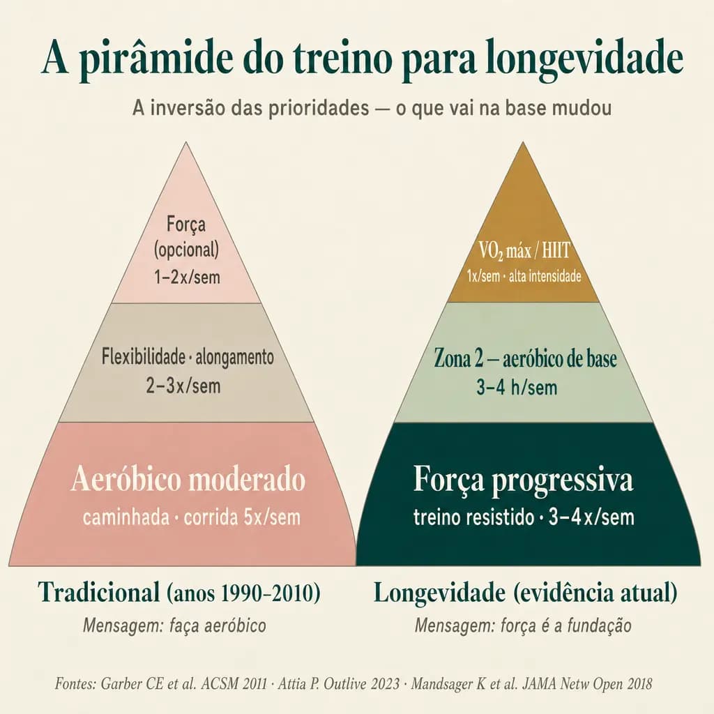 A pirâmide do treino mudou de orientação. Na recomendação clássica dos anos 1990–2010, aeróbico moderado dominava a base e a força aparecia como item opcional no apex. Na leitura atual da longevidade, força progressiva passou a ser a fundação: Zona 2 acima, e VO₂ máx/HIIT como o pequeno topo de alto retorno.